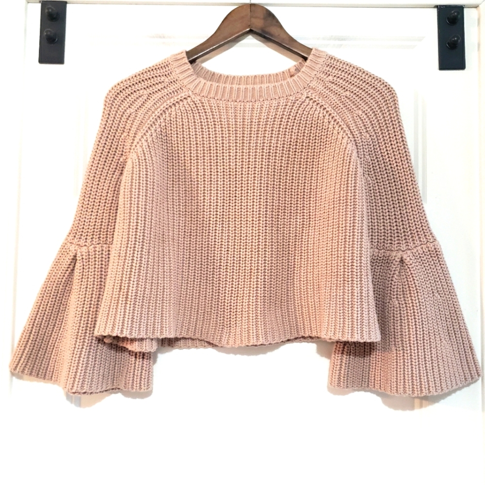We're All Pretty Girls Womens S Crop Knit Bell Sleeve Sweater Cotton Beige
